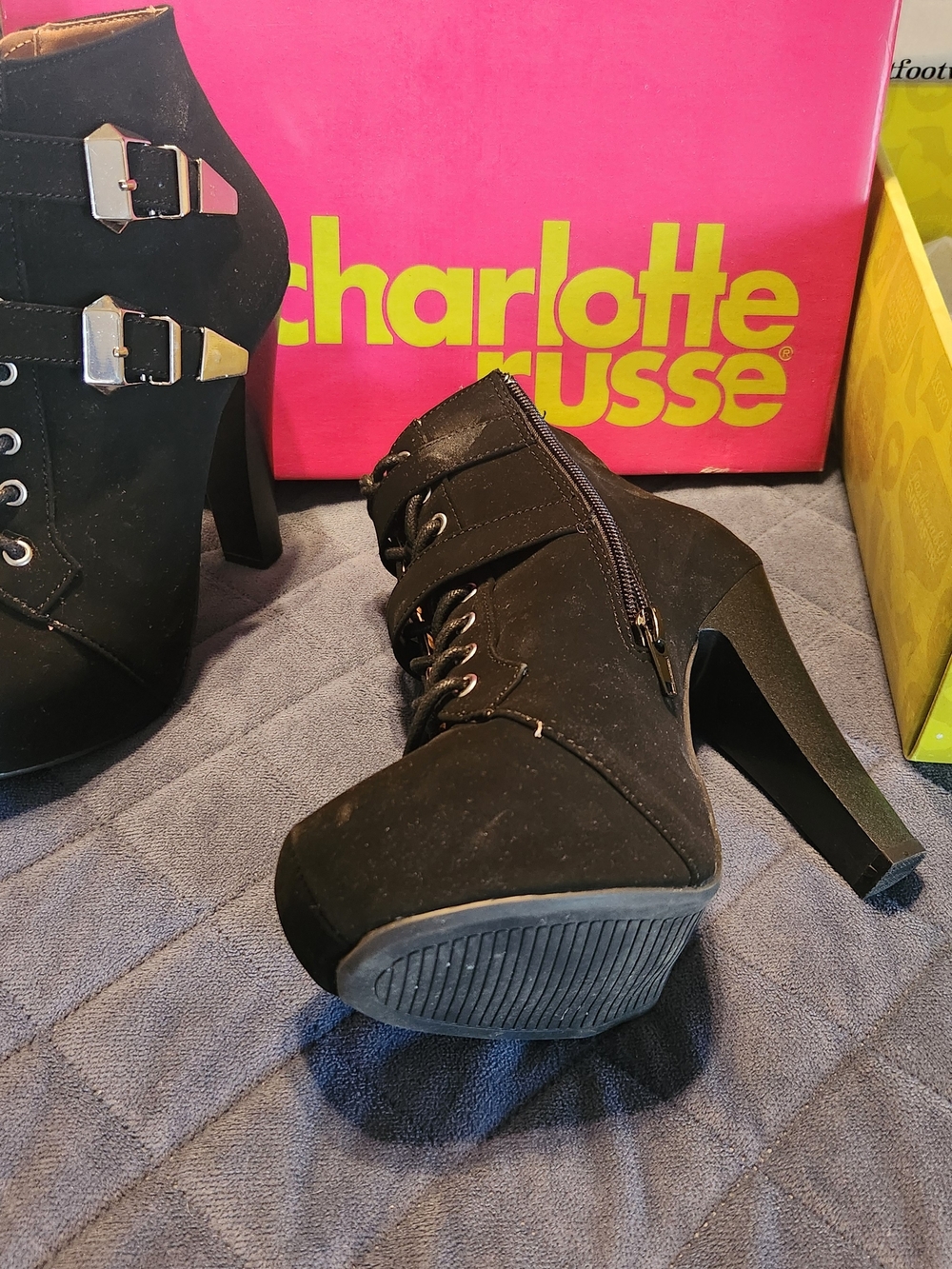 Charlotte Russe Black Suede Lace-Up Platform Heel Boots with Buckles